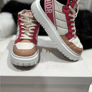 Dior Women's Sneakers in Red, White, and Brown